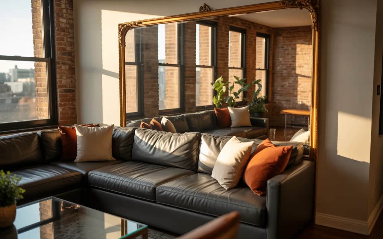 Apartment living room with a large decorative wall mirror reflecting light.