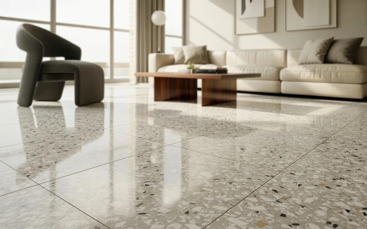 Modern living room with terrazzo flooring and neutral furniture.