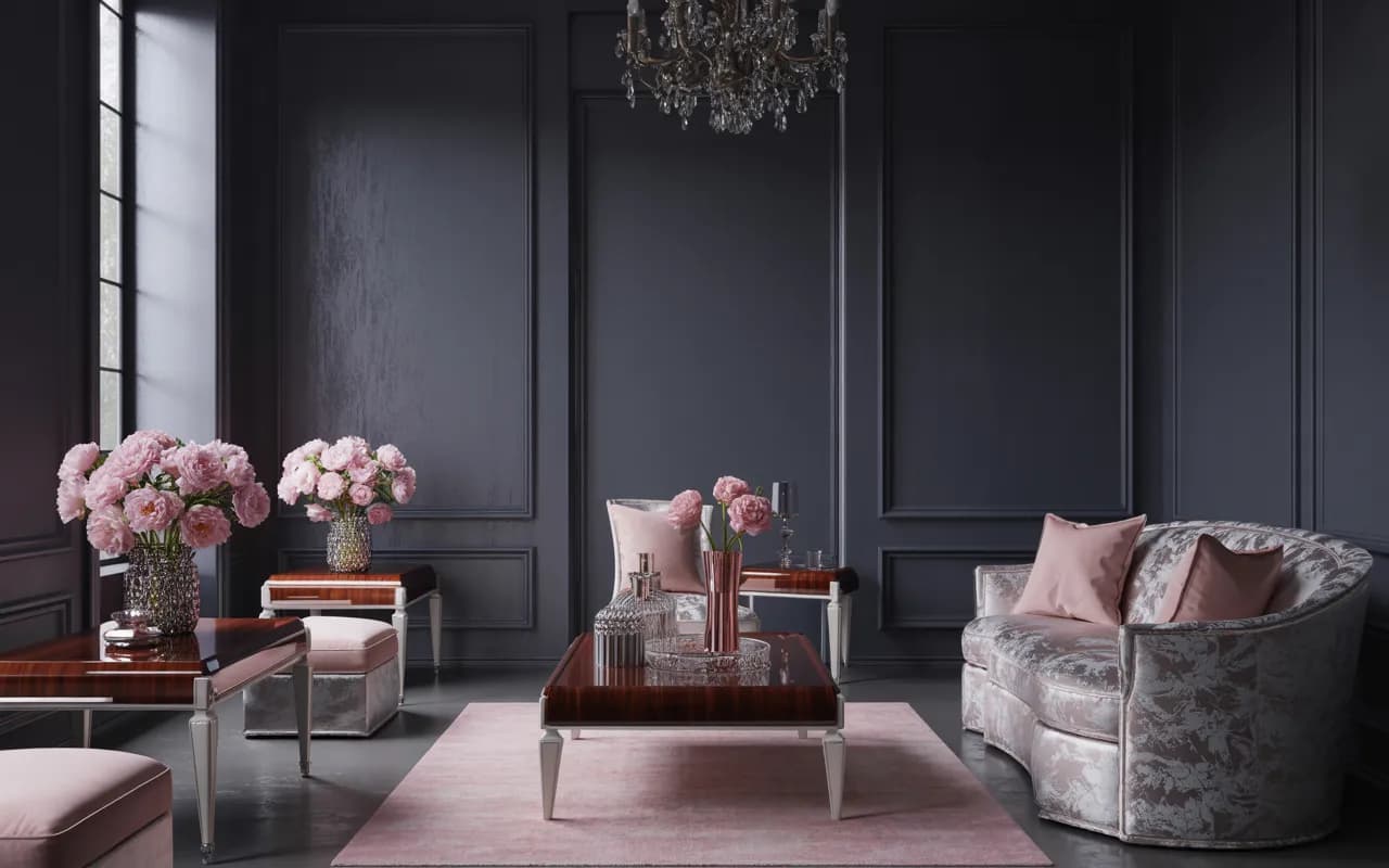 Spacious living room with dark grey walls, multiple pink accents, chandelier, and elegant furniture