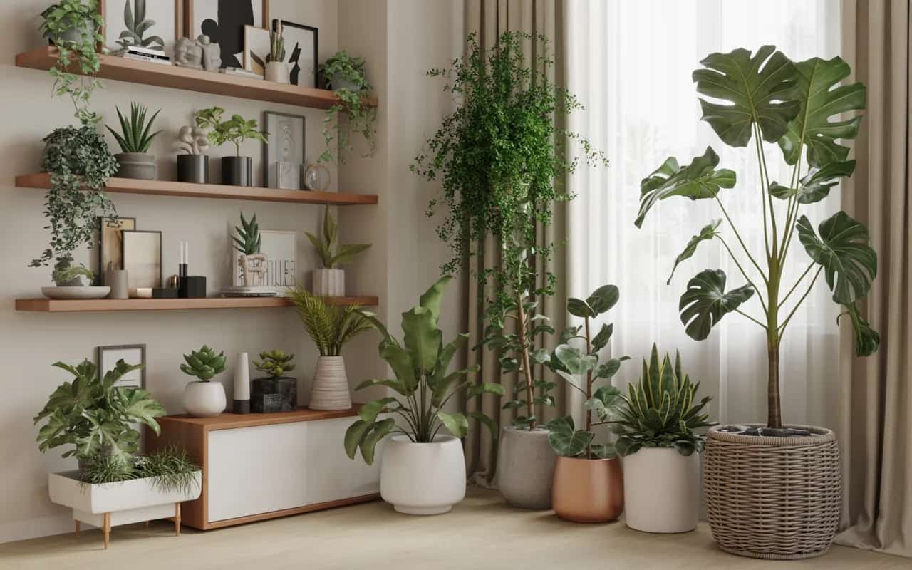Living room with a mix of real and artificial plants, stylish shelves, balanced greenery