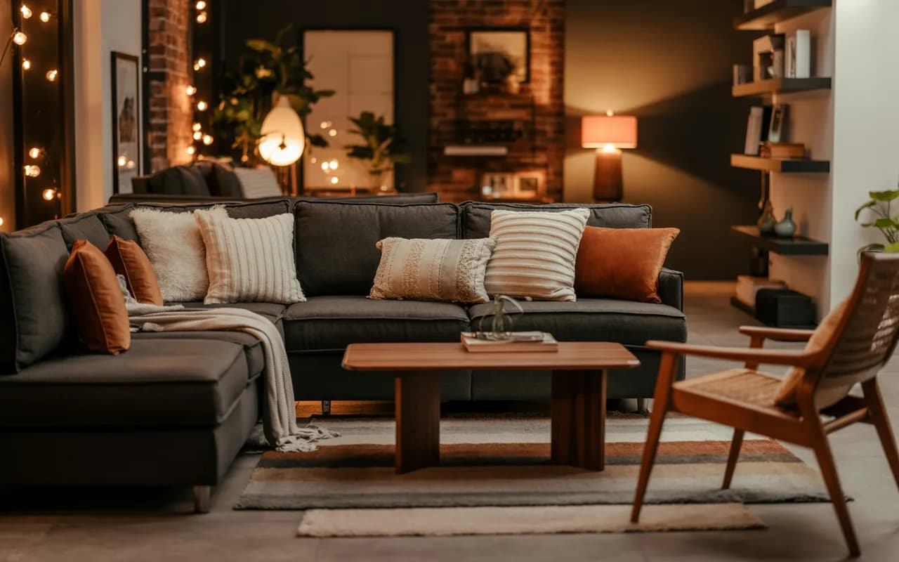 Cozy living room with warm ambient lighting, plush sofa, layered rugs, throw pillows, stylish modern furniture, inviting interior."