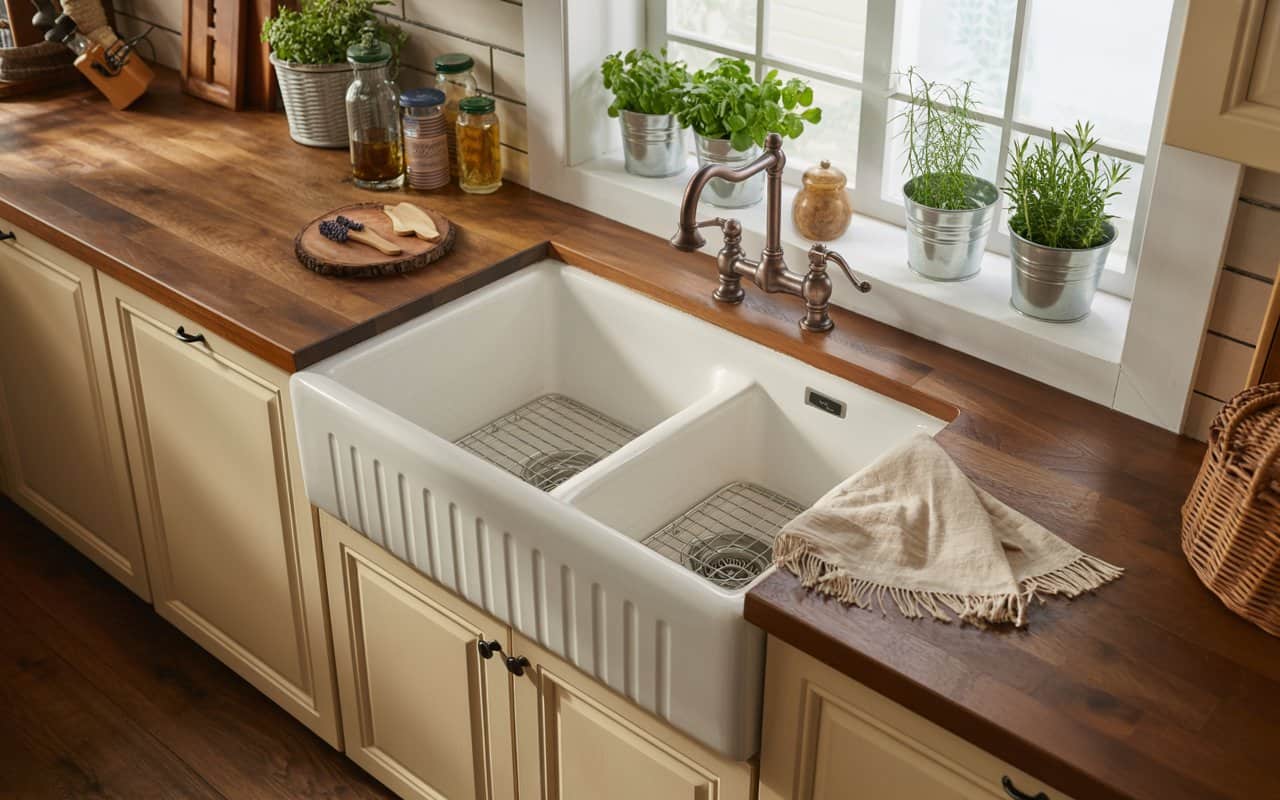 White farmhouse sink with bronze faucet, wooden countertops, potted herbs, rustic kitchen style, Pinterest-friendly.
