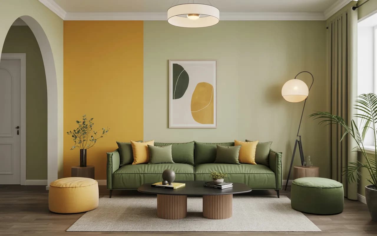 Living room with one mustard yellow accent wall, soft green walls, green sofa, yellow cushions, and abstract green-and-yellow artwork.