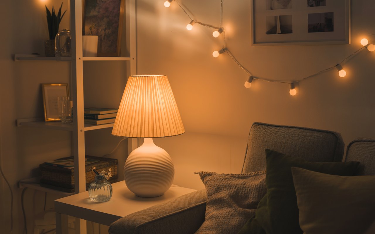 “Warm cozy lighting in a small living room, table lamps, fairy lights, soft shadows, aesthetic home vibe, Pinterest interior style”