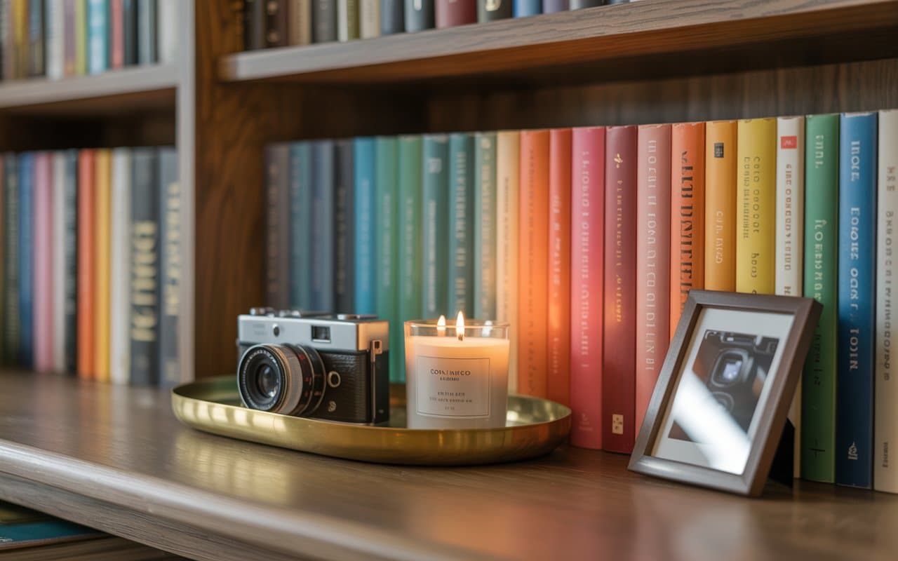 Close-up of a bookshelf. Books are arranged by color. A small brass tray holds a luxury candle and a vintage camera. A small framed polaroid sits leaning against the books.