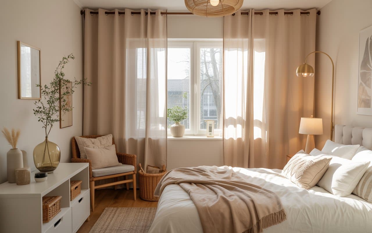 Minimalist bedroom with neutral decor, cozy textures, organized space, Pinterest-style aesthetic