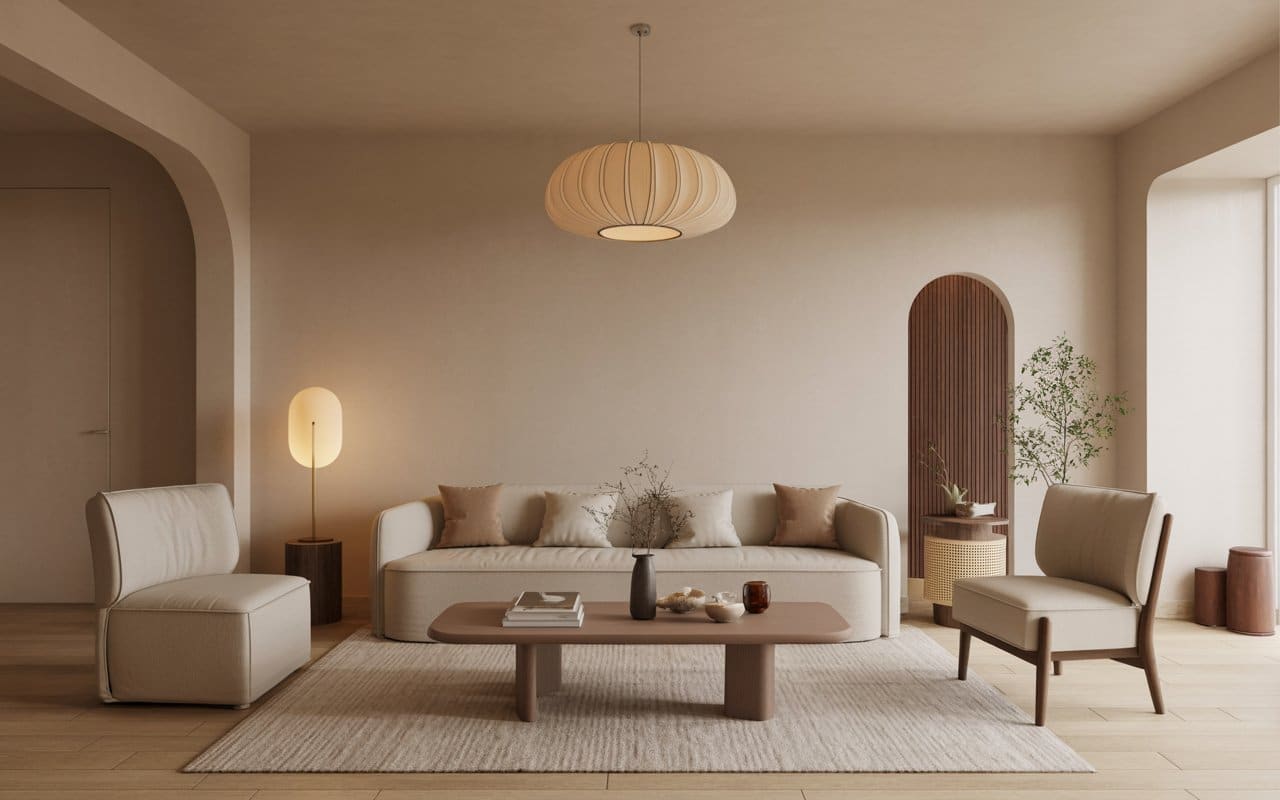 A minimalist living room with beige tones, a soft rug, warm lighting, and simple modern furniture.