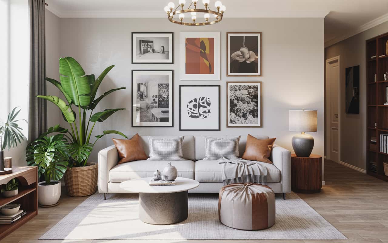 Gallery wall with mixed art styles, cozy living room, neutral furniture