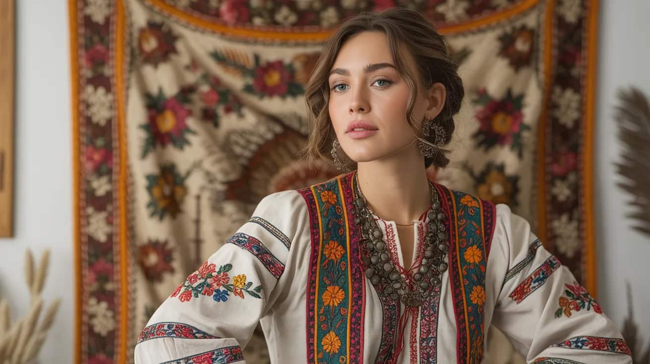 Ethnic folklore fashion outfit with detailed embroidery, handmade textures, warm tones, elegant traditional styling, studio lighting