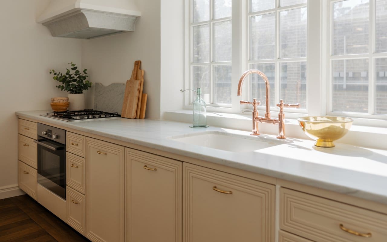 Kitchen with brass handles, copper faucet, neutral cabinets, marble countertop, bright natural light, modern elegant style