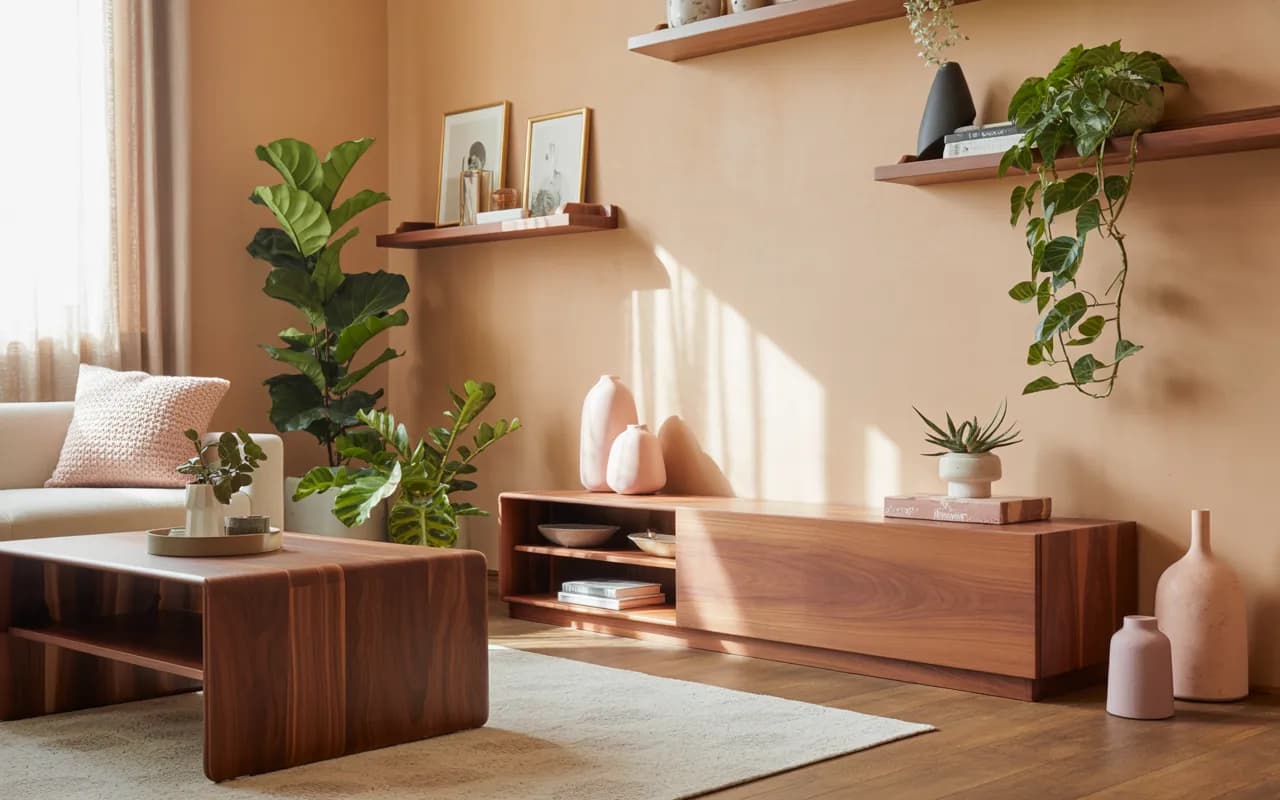 Living room with beige walls, wooden furniture, green indoor plants, and soft pastel accents