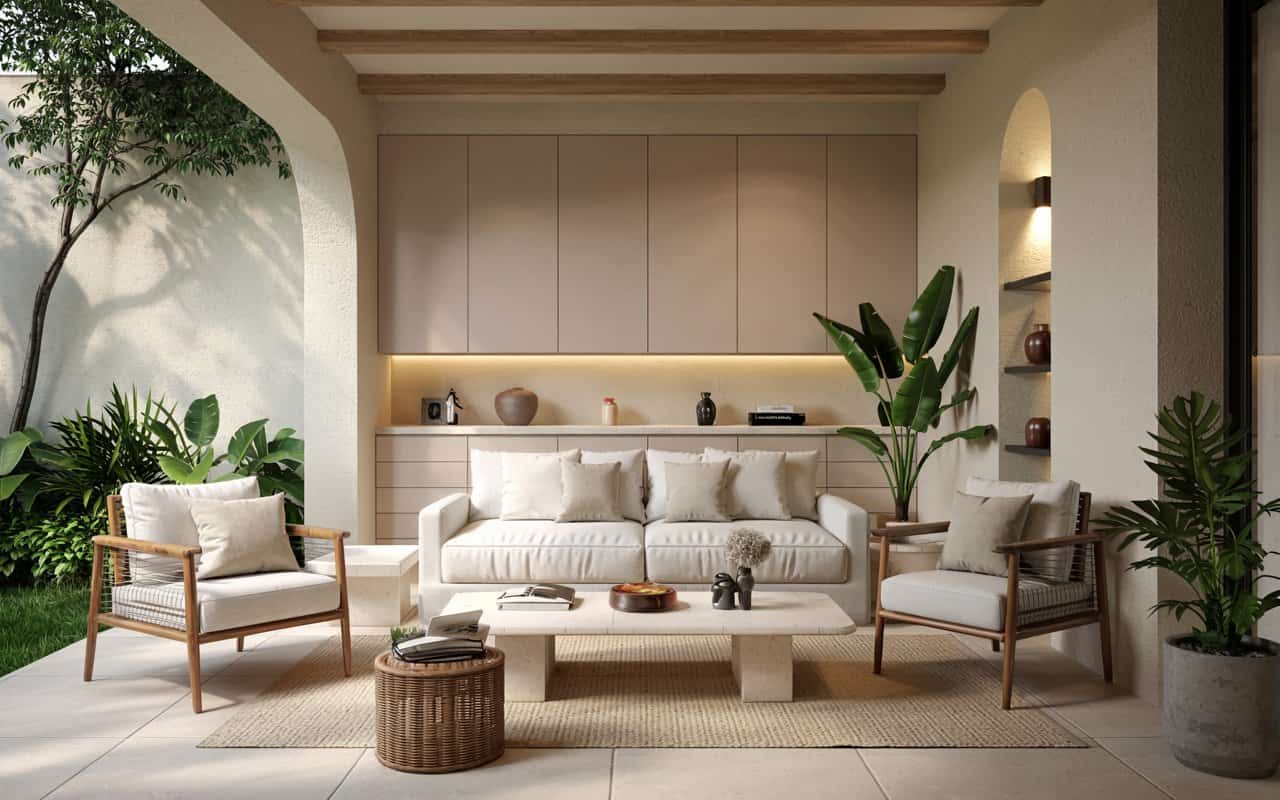 Minimalist outdoor patio with neutral seating, potted plants, wooden accents, cozy lighting, modern elegant exterior design, Pinterest-style photo.”