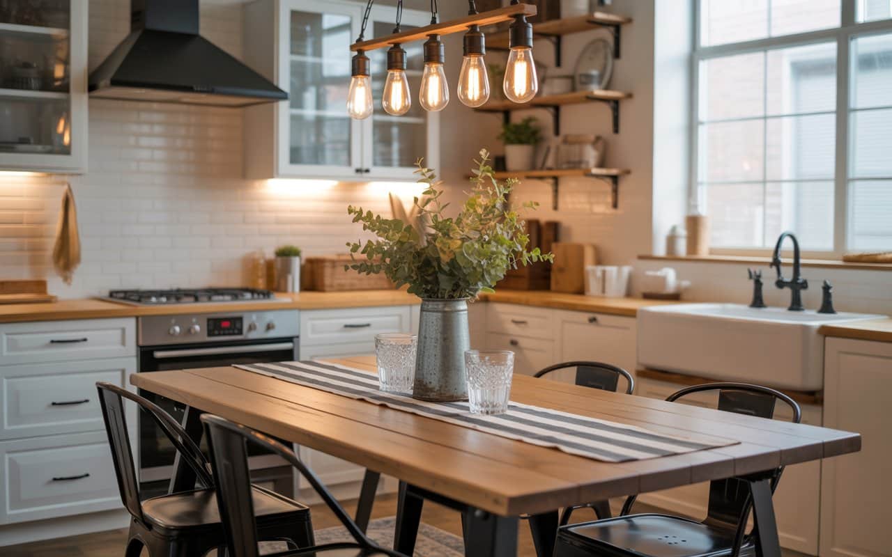 Farmhouse-industrial kitchen table with wood top, black metal legs, Edison bulb lighting, Pinterest-worthy decor.