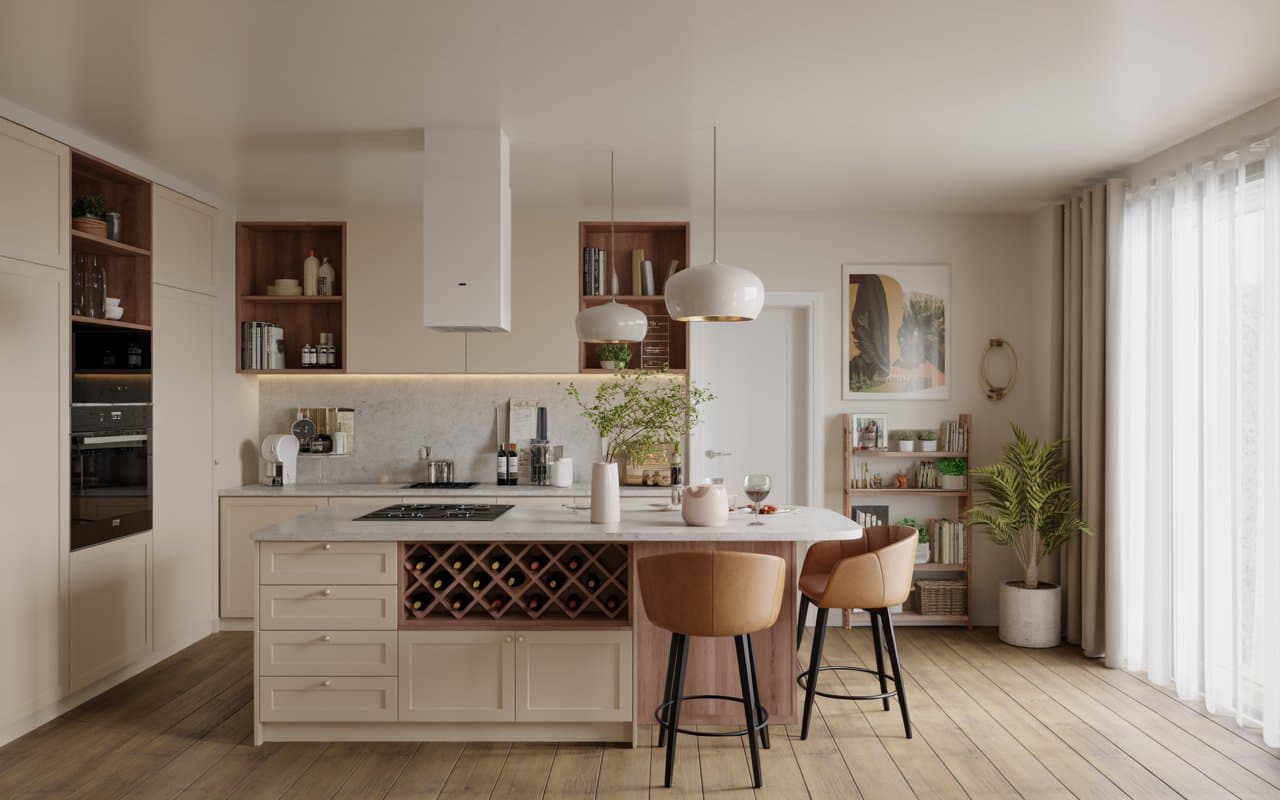Modern kitchen island with storage drawers, wine rack, seating area, stylish pendant lights, cozy family-friendly kitchen, Pinterest aesthetic.