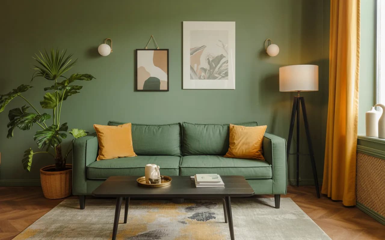 Living room with sage green walls, mustard yellow cushions, green sofa, yellow curtains, and natural light enhancing the color palette.