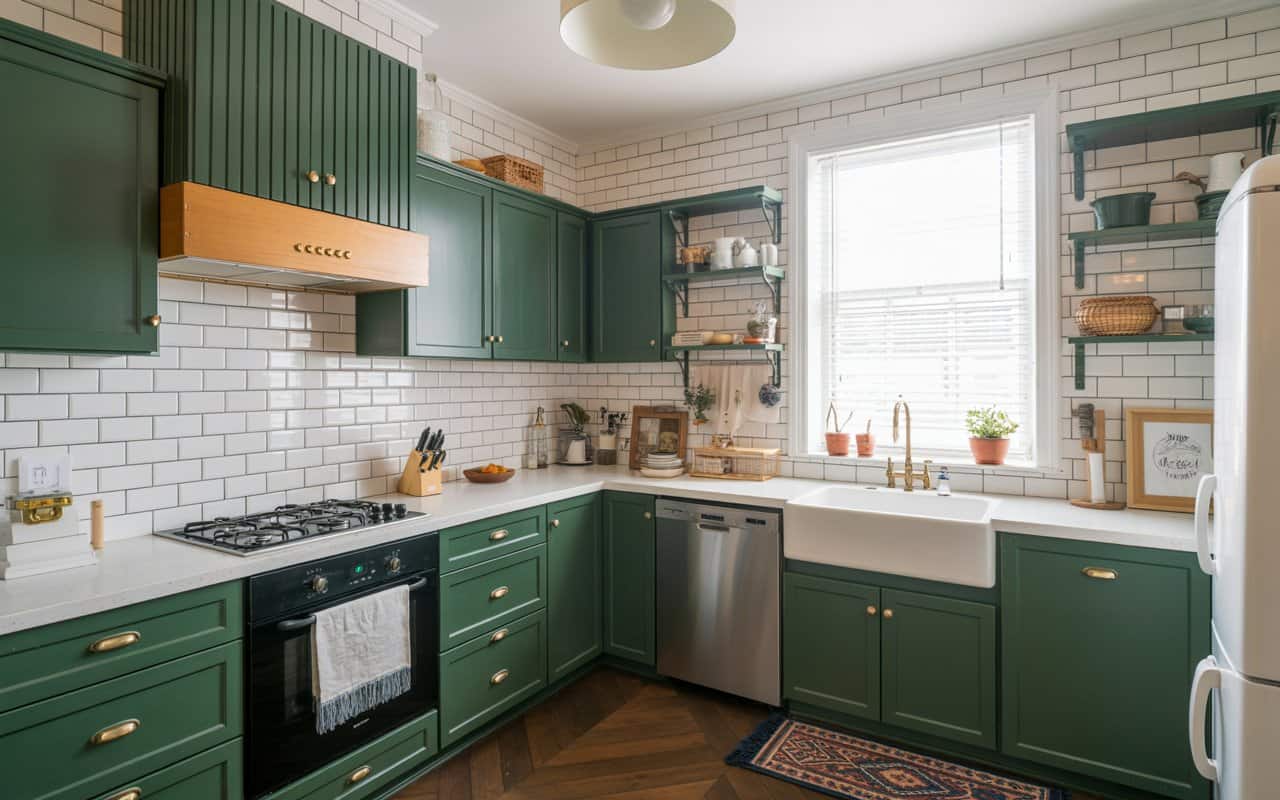 Kitchen with deep green cabinets, white countertops, brass hardware, modern and cozy design, Pinterest aesthetic