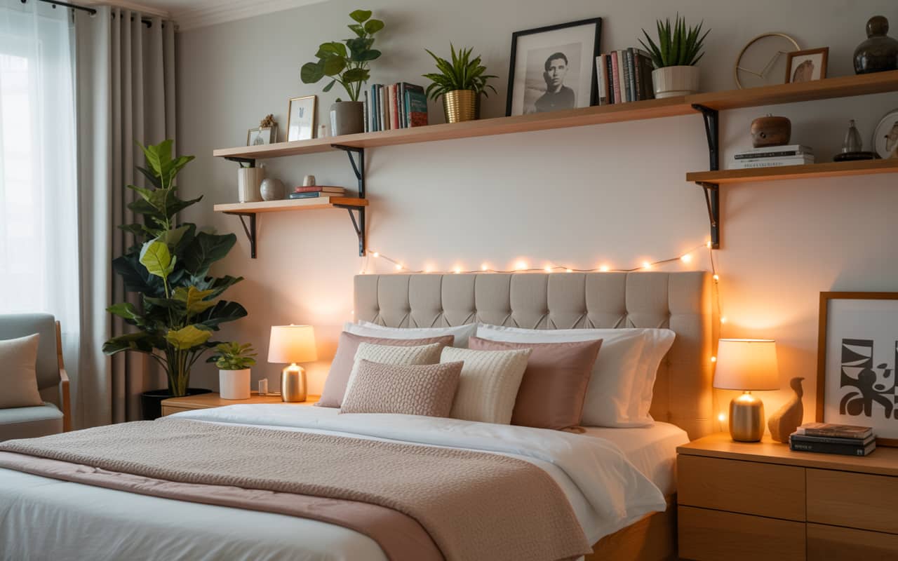 Bedroom with wooden floating shelves, books, small plants, decorative accents, Pinterest-inspired styling