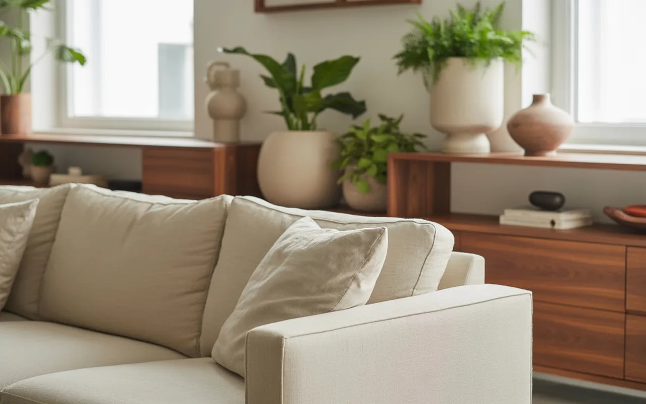 Living room with neutral sofa, wooden furniture, indoor plants in ceramic pots, balanced modern décor