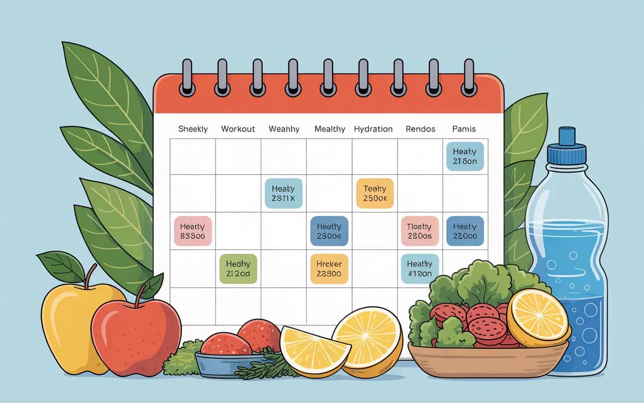 A calendar or planner with a weekly workout schedule, healthy meals, and hydration reminders, symbolizing organized, sustainable fitness planning.