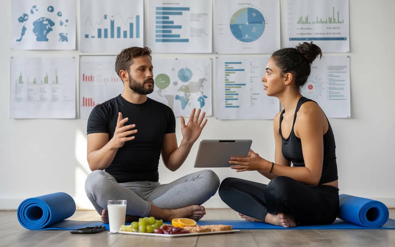 A wellness coach discussing progress with a client in a modern studio, surrounded by charts, yoga mats, and healthy snacks.”