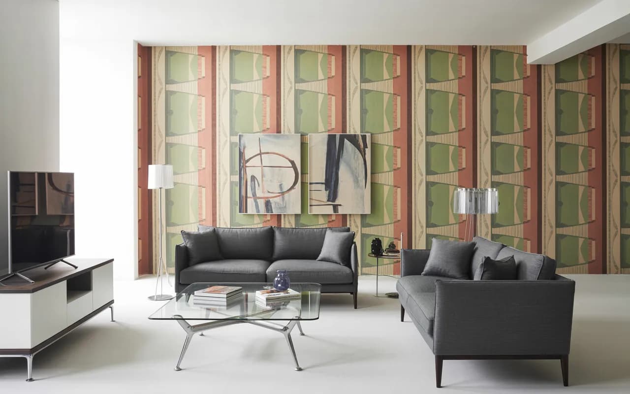 Modern living room mixed with 1950s vintage wallpaper, contemporary furniture, clean layout, stylish contrast, high-resolution interior design.