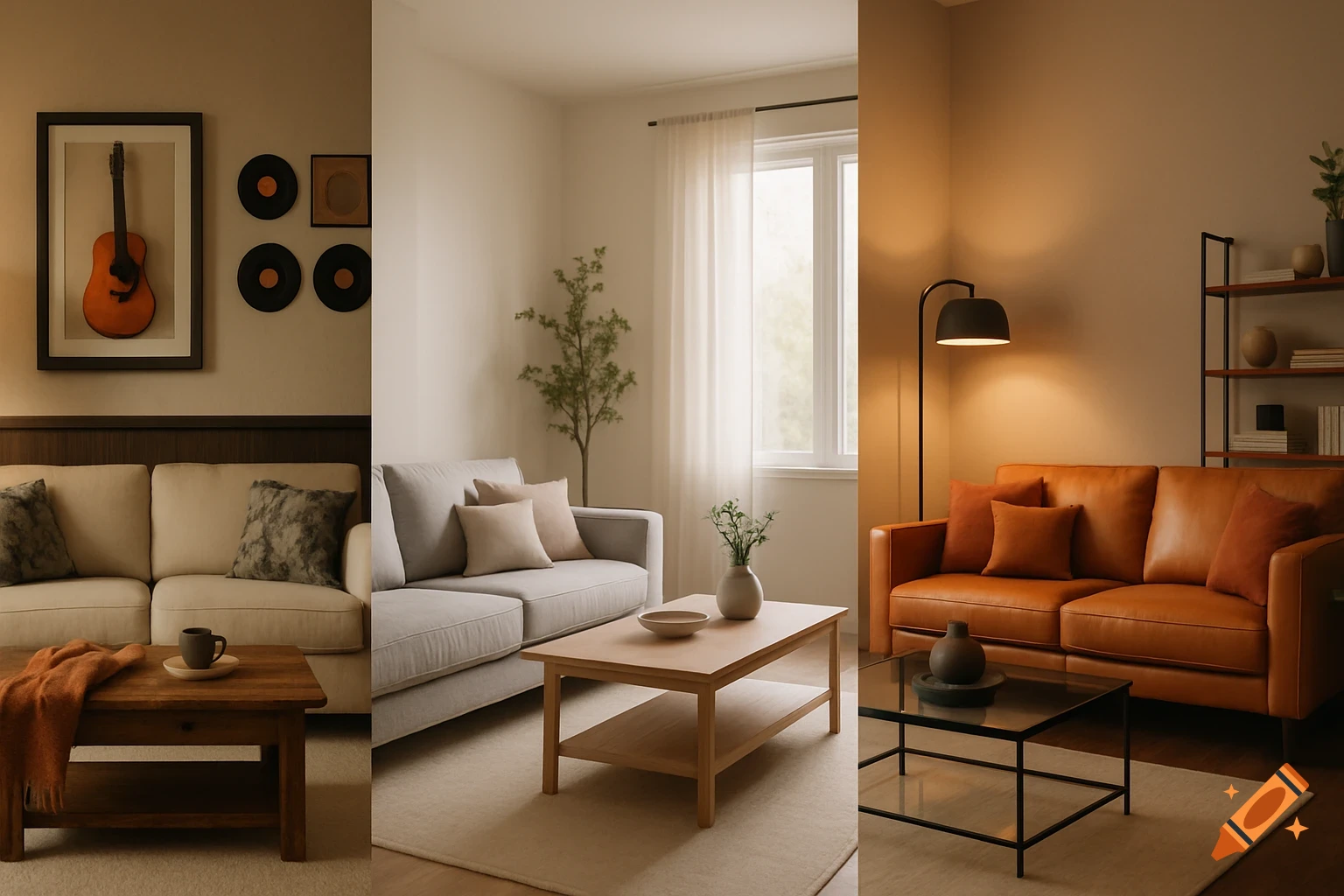 Scandinavian living room featuring light wood floors and wooden furniture.