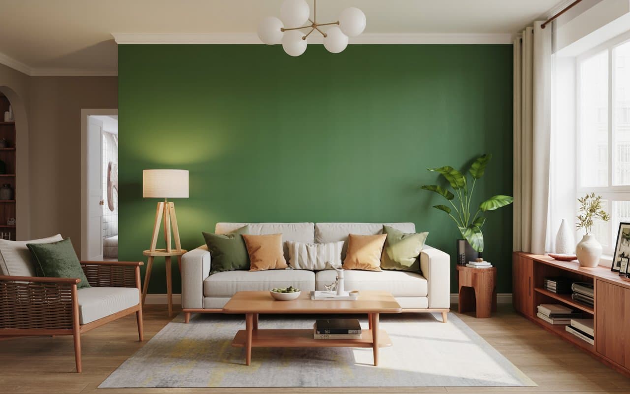 Living room with pastel pink walls, gray sofa, soft rug, wooden coffee table, bright airy interior, Pinterest-style décor.