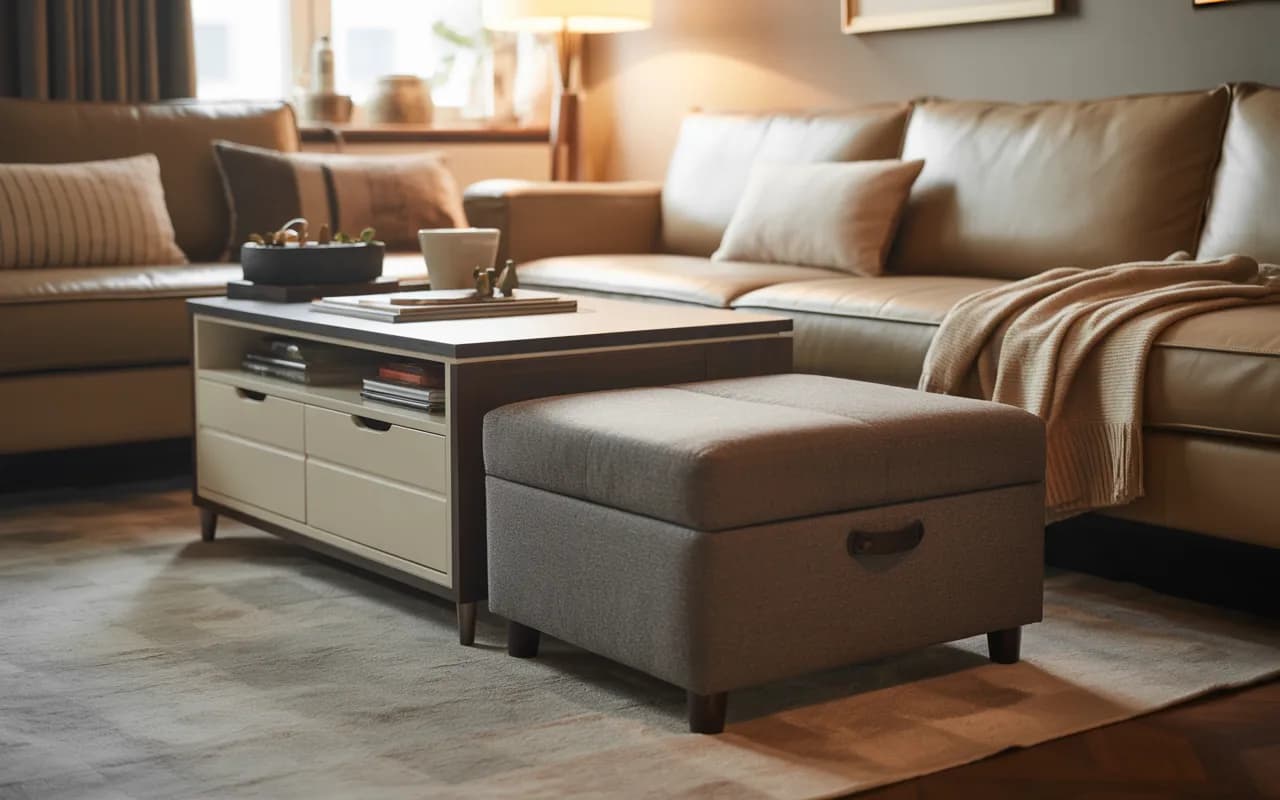 Small apartment living room with storage ottoman and multifunctional coffee table.