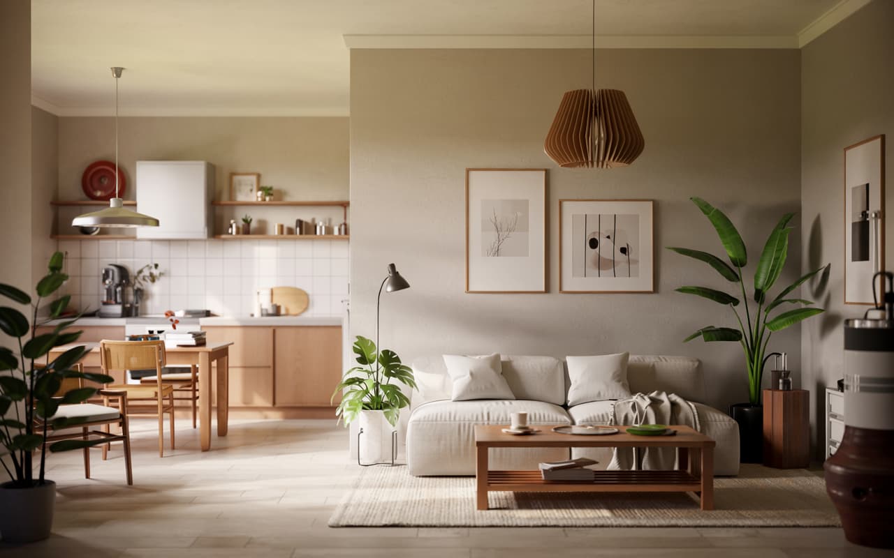 “Minimalist living room wall with simple framed art, neutral color palette, wooden furniture, soft lighting, cozy modern home interior, Pinterest-friendly.”