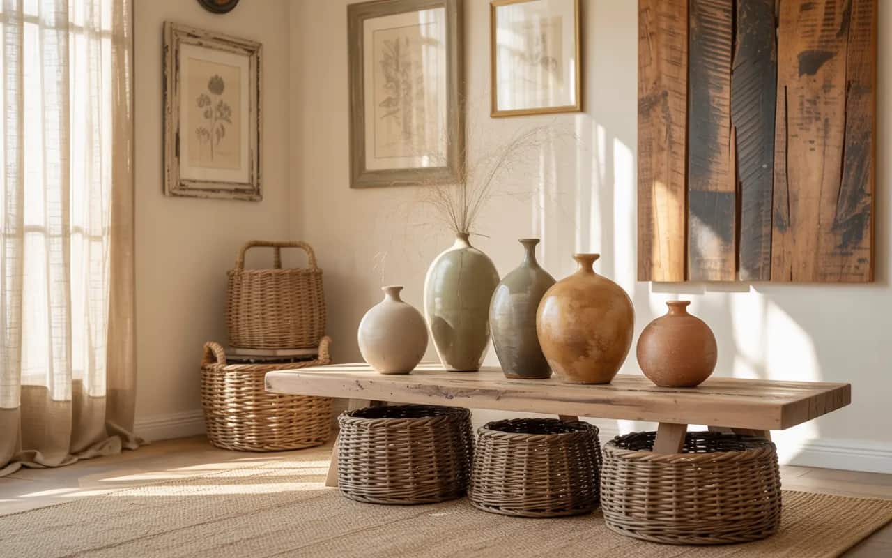 Modern country living room with ceramic vases, woven baskets, and rustic wall art.