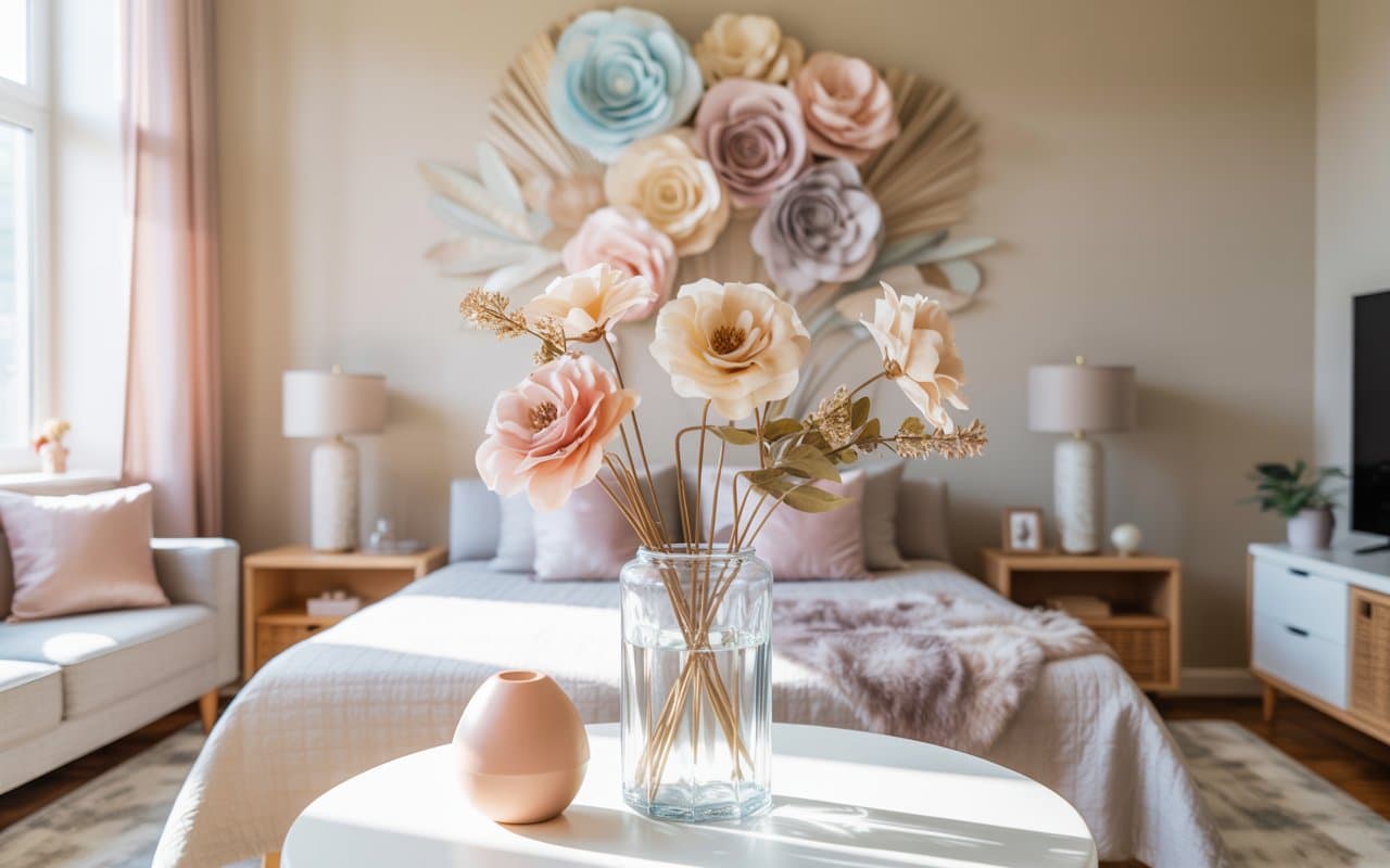 Luxury artificial flower arrangement in modern bedroom, neutral colors, soft lighting, Pinterest-inspired decor
