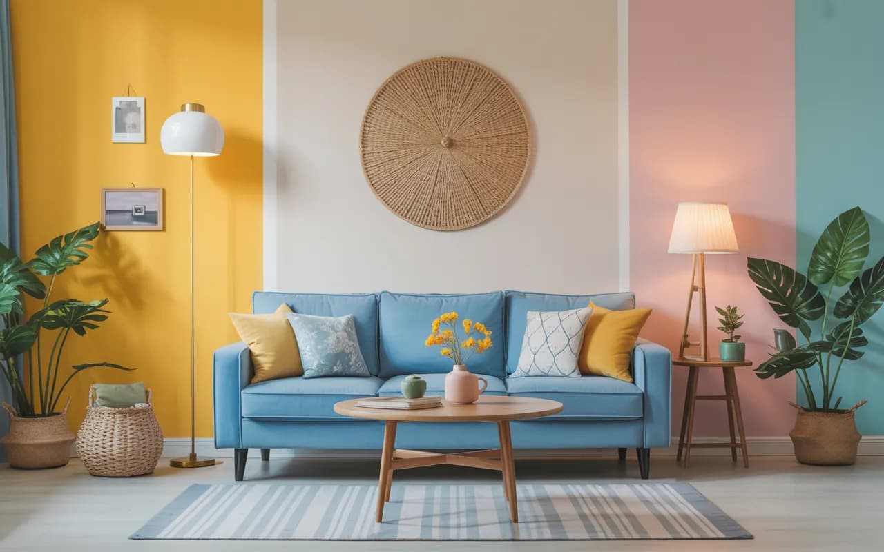 Living room with blue sofa, yellow cushions, pastel walls, bright and stylish interior, cozy Pinterest-ready décor