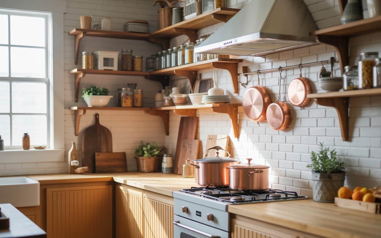 Farmhouse kitchen with wooden open shelves, mason jars, copper pots, rustic wall decor, bright natural lighting.
