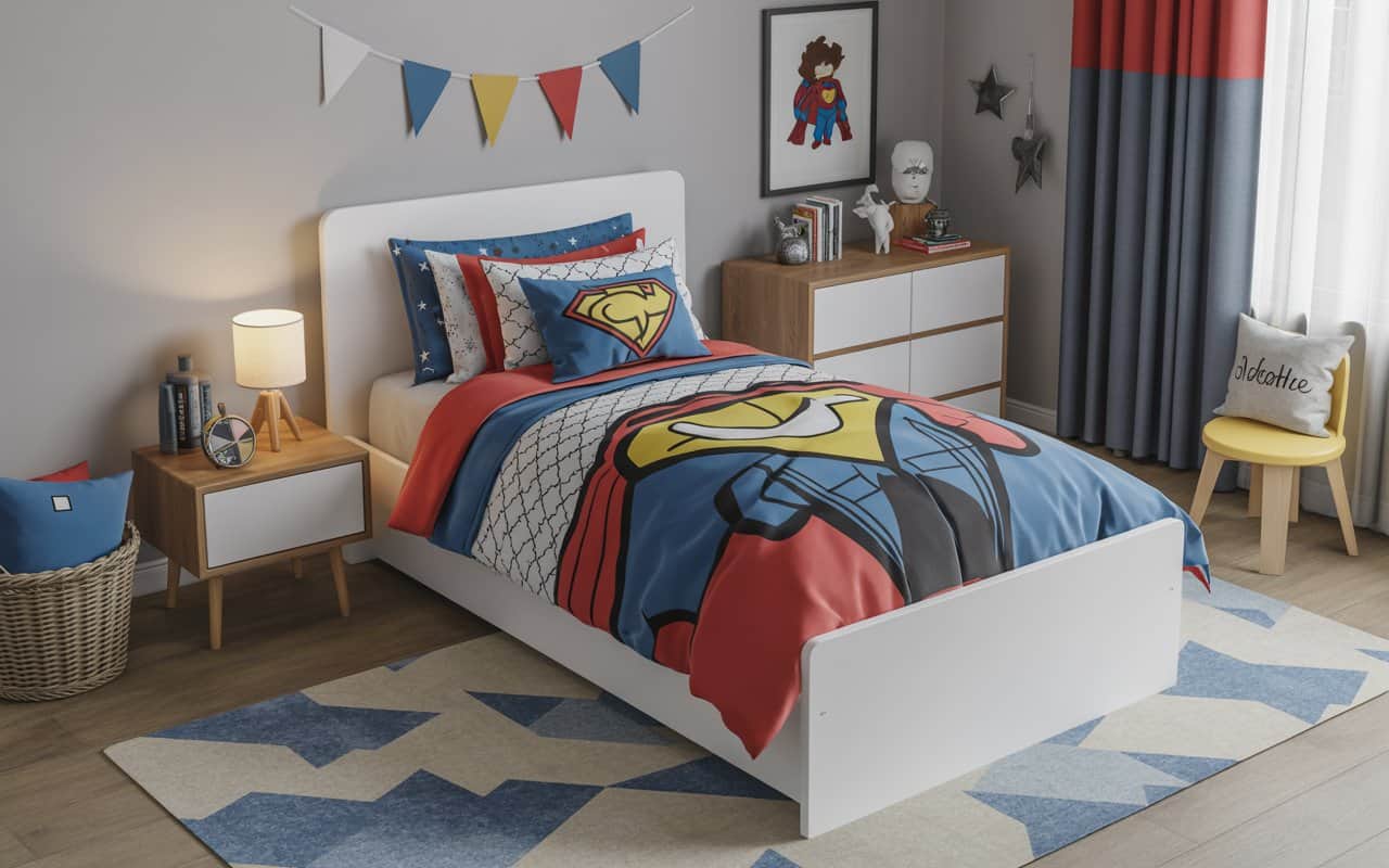 Kids bed with superhero-themed bedding, cozy pillows, matching curtains, playful decor