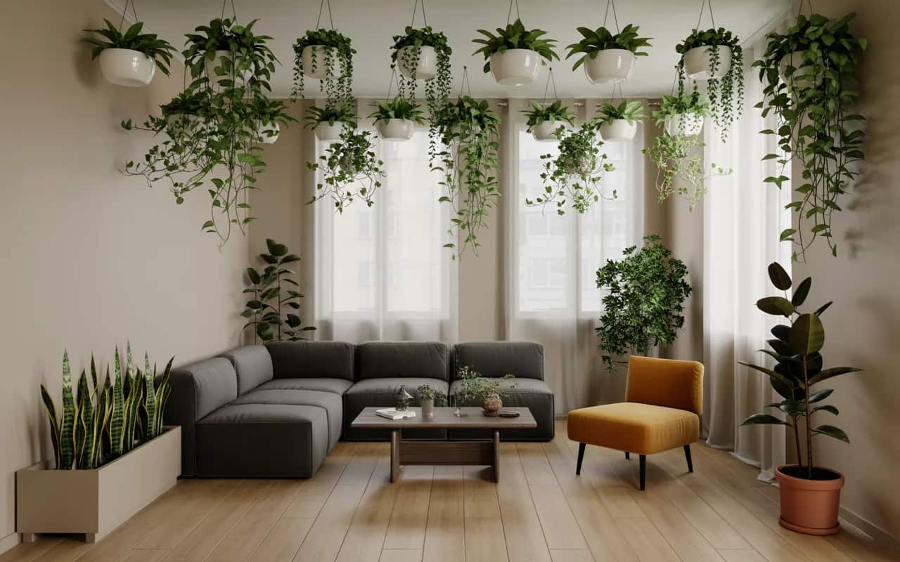 Small living room with hanging plants, compact indoor plants, minimal furniture, cozy modern style