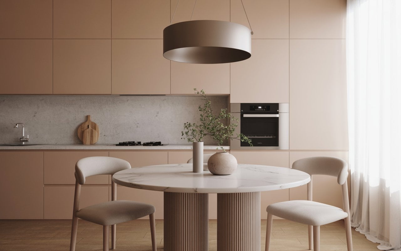 Minimalist modern kitchen table with marble top, sleek chairs, neutral-toned decor, and soft natural lighting.