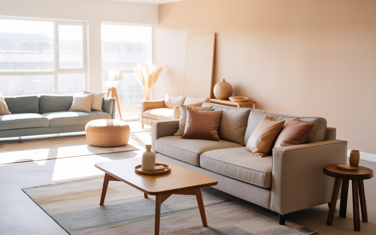 Modern living room with beige sofa, layered velvet cushions, textured rug, wooden coffee table, bright airy interior, cozy Pinterest-style décor.”
