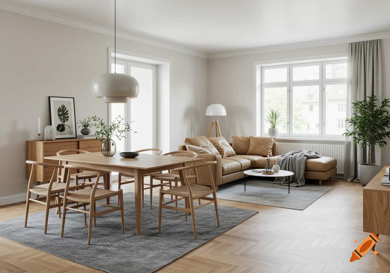 Scandinavian living room with white walls, beige sofa, and soft gray accents.