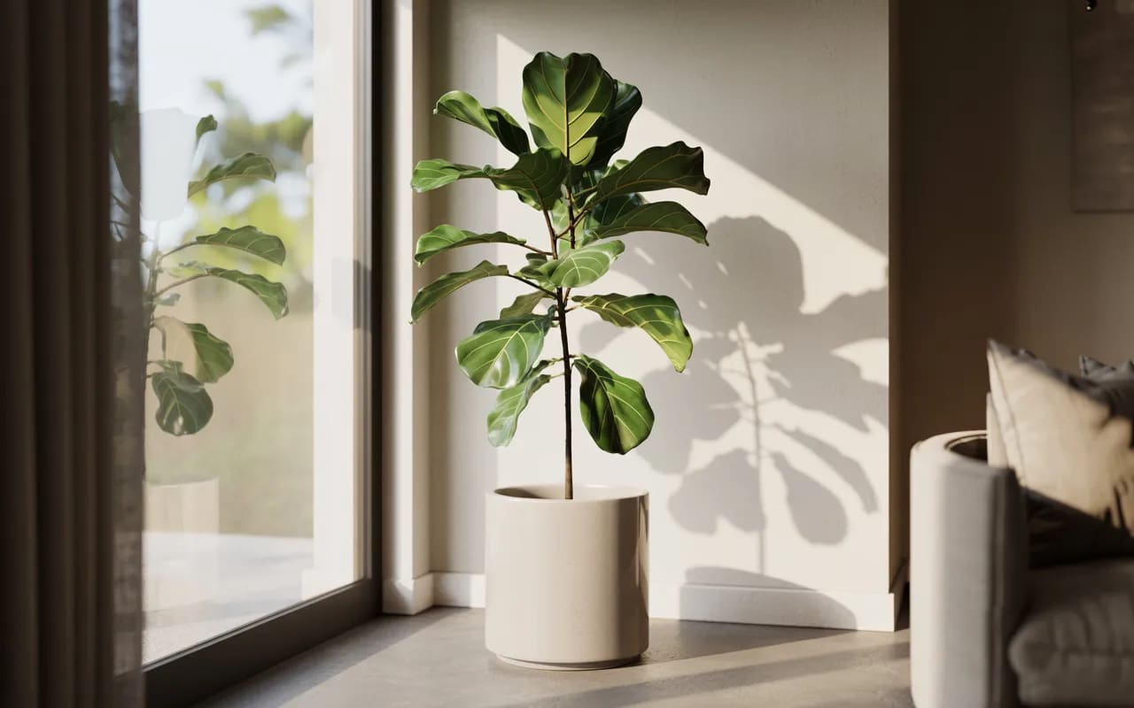 Living room corner with tall indoor plant, modern planter, natural daylight, clean interior
