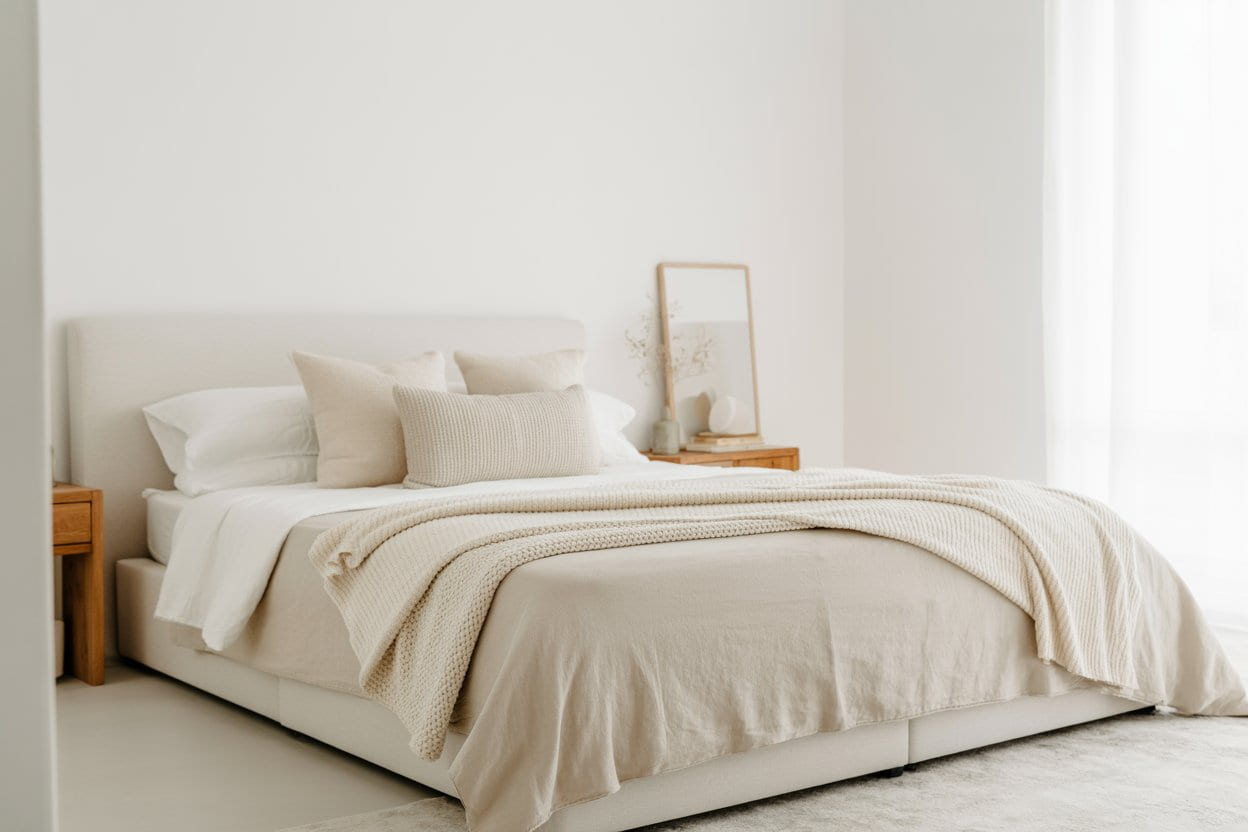 “Minimalist bedroom with white bed, sleek side table, neutral rug, soft bedding, bright natural light, modern cozy interior, Pinterest-style photography.”