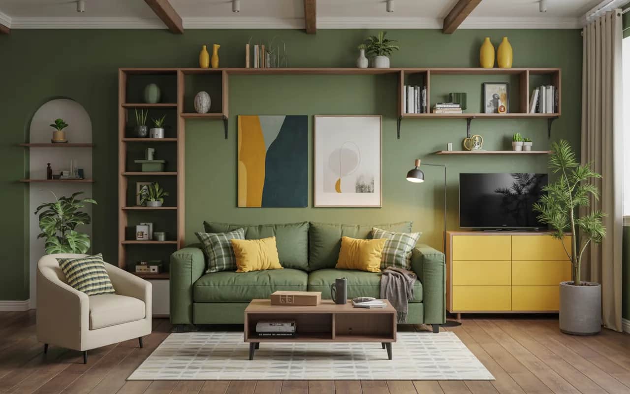 Modern green and yellow living room with wooden floating shelves, yellow decor items, indoor plants, and organized stylish storage solutions.