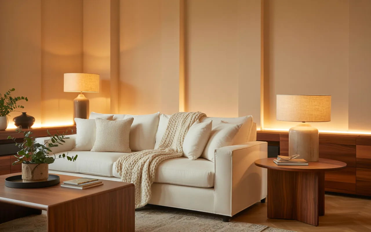 Cozy living room with cream walls, plush sofa, wooden accents, and ambient lighting