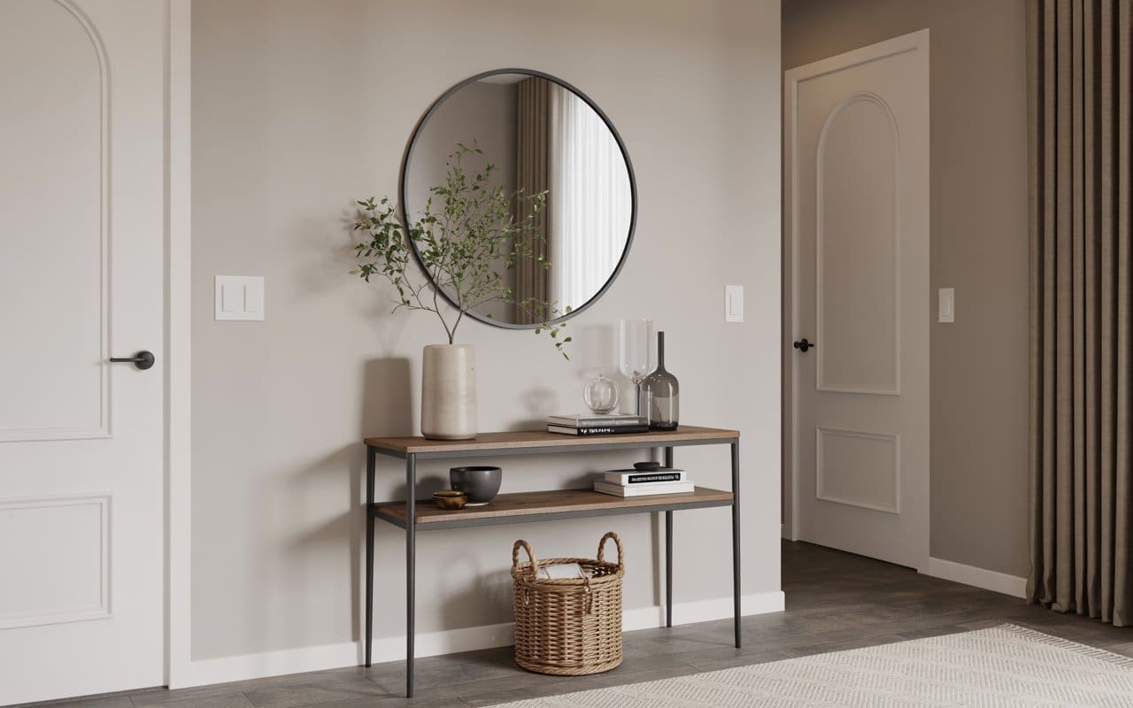 Console table in home entrance decor entryway, mirror above table, minimal decor, neutral colors