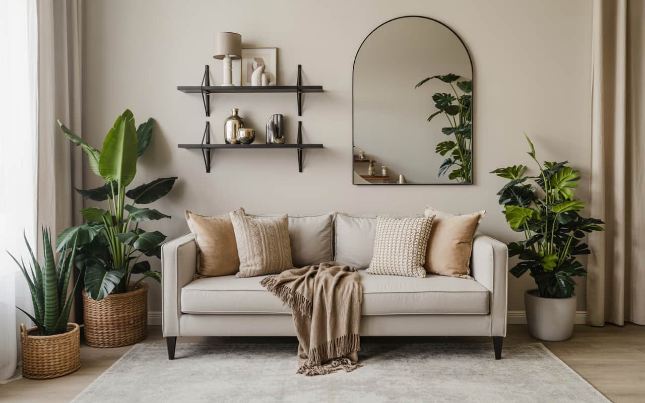 Stylish entryway with mirror and decor, luxury home styling