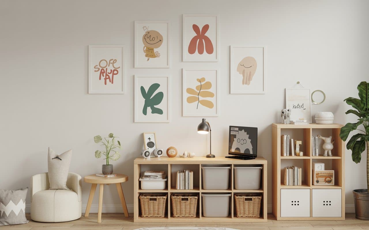 Kids room wall with framed crafts, bright DIY art pieces, playful setup