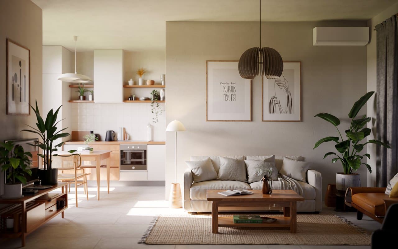 “Modern living room with indoor plants, wooden coffee table, neutral walls, minimalist décor, cozy elegant interior, natural lighting, Pinterest aesthetic.”