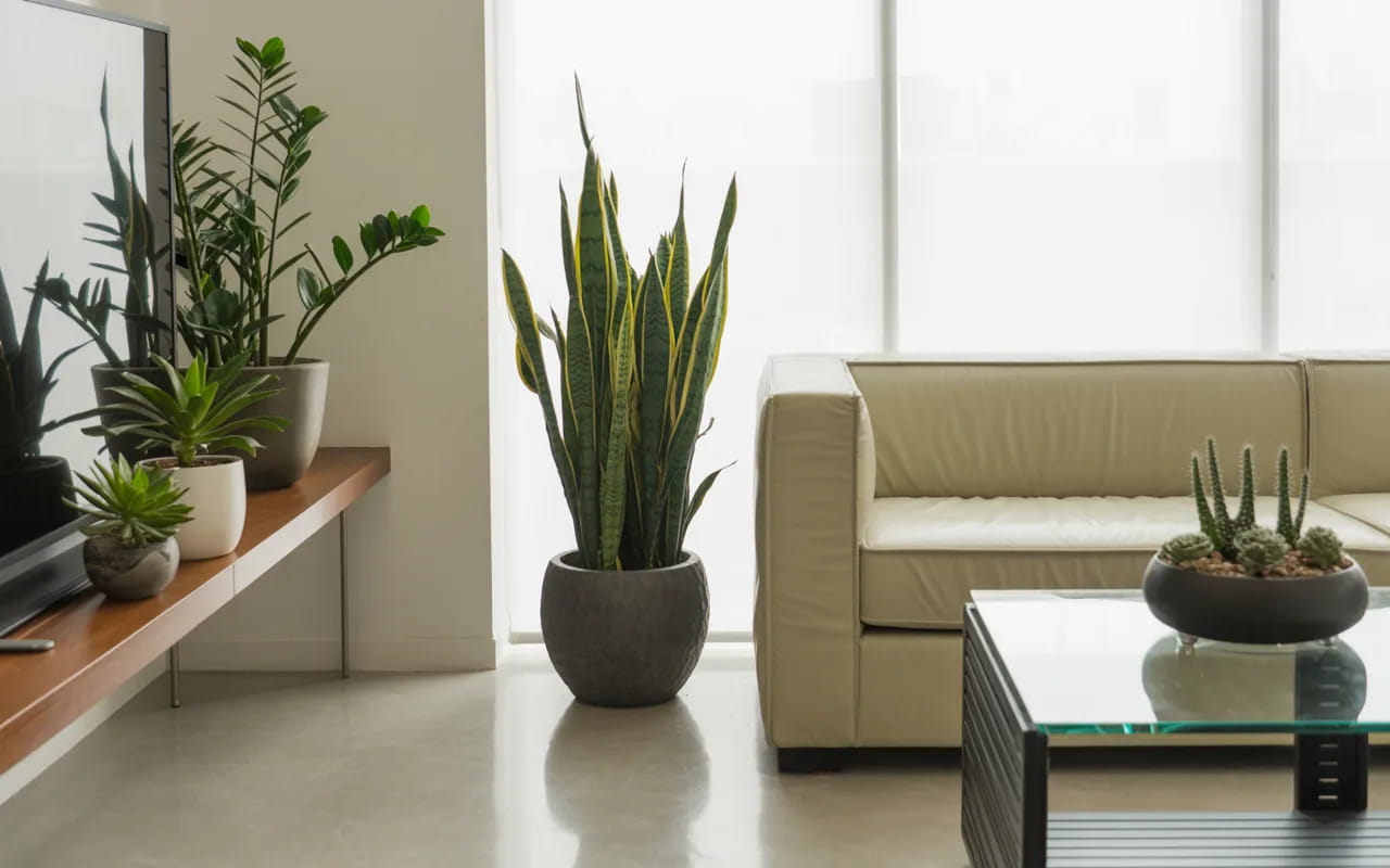 Living room with low-maintenance plants, clean modern interior, relaxed and stylish vibe