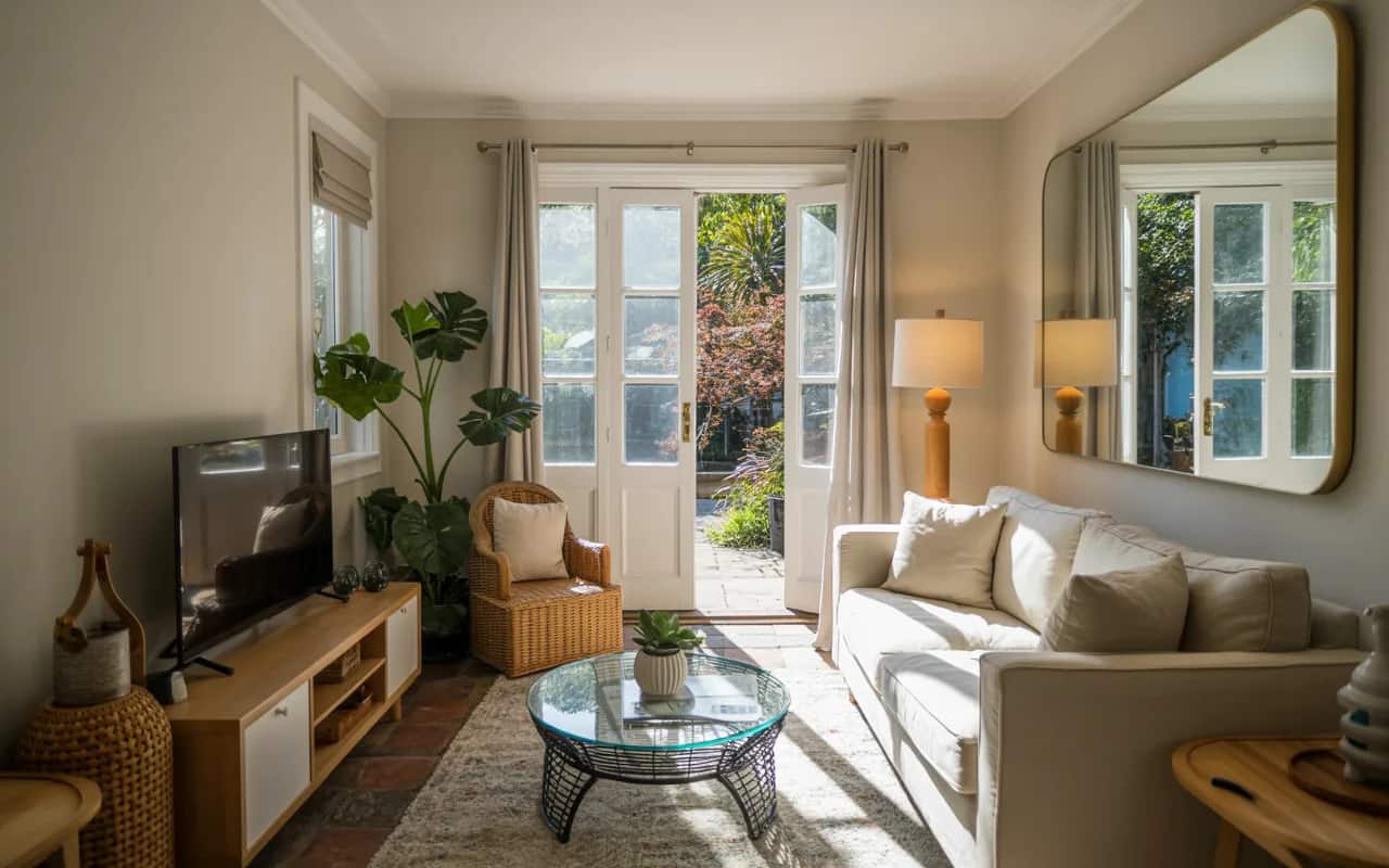 Small living room with a large wall mirror reflecting garden doors, cozy sofa, and natural sunlight filling the room.