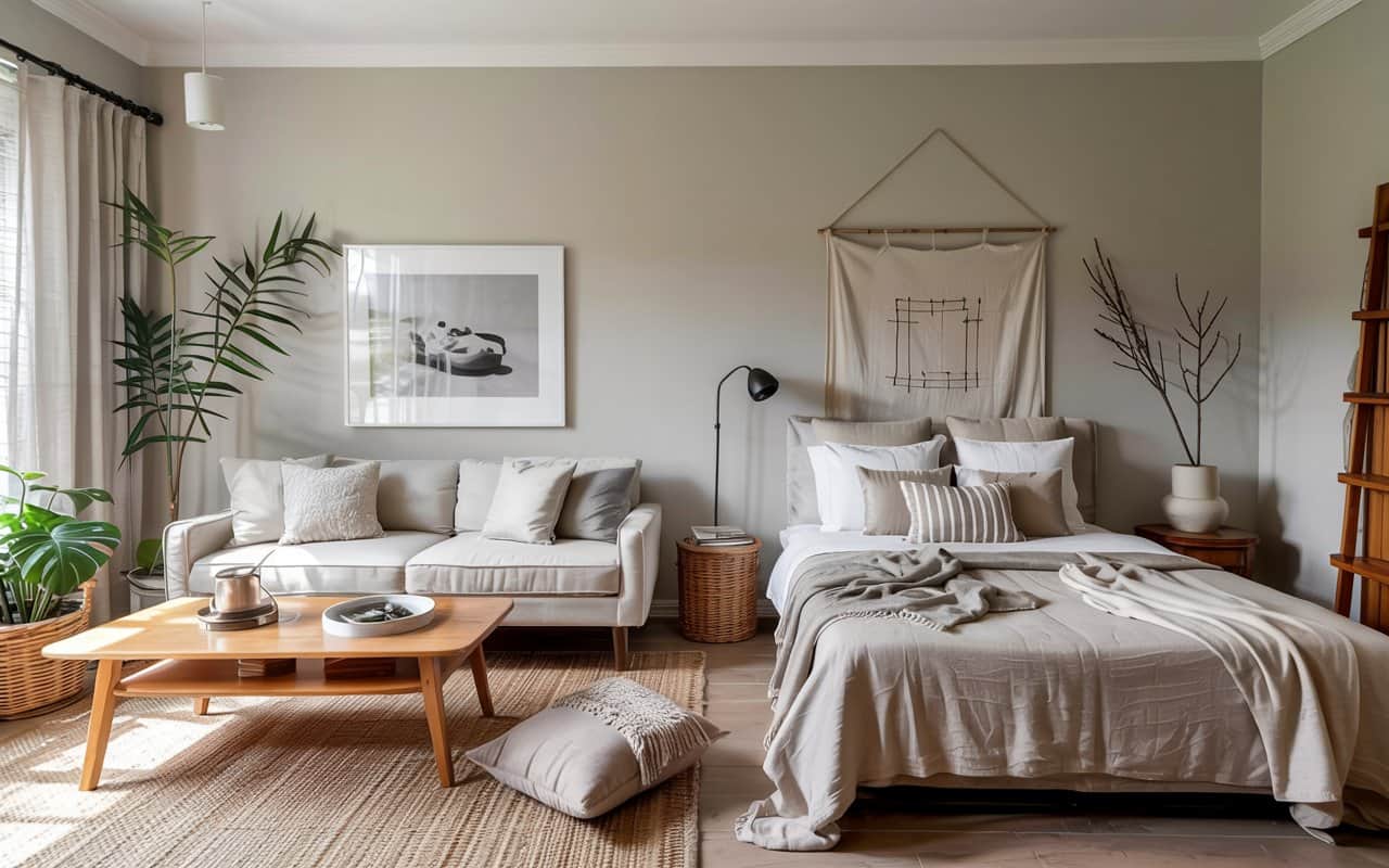 Modern bedroom with layered textures, linen bedspread, knitted throw, wooden furniture, neutral color palette, cozy minimalist design, bright airy space, Pinterest aesthetic.”
