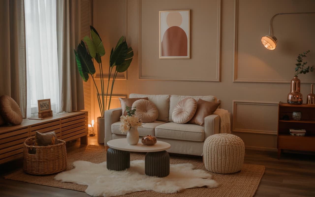 A cozy living room with soft rugs, cushions, warm lighting, and small decorative elements.